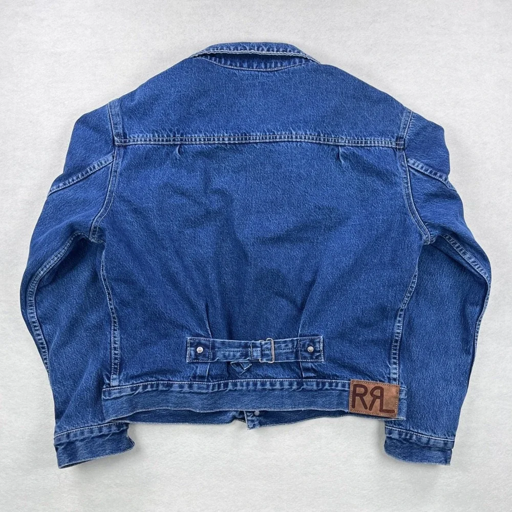 RRL Ralph Lauren Plaid Lined Denim Type 2 Trucker Jacket Mens M Blue Buckle Back